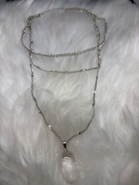 Silver Multi-Layer Necklace with Clear Quartz Crystal Pendant - Women Jewelry